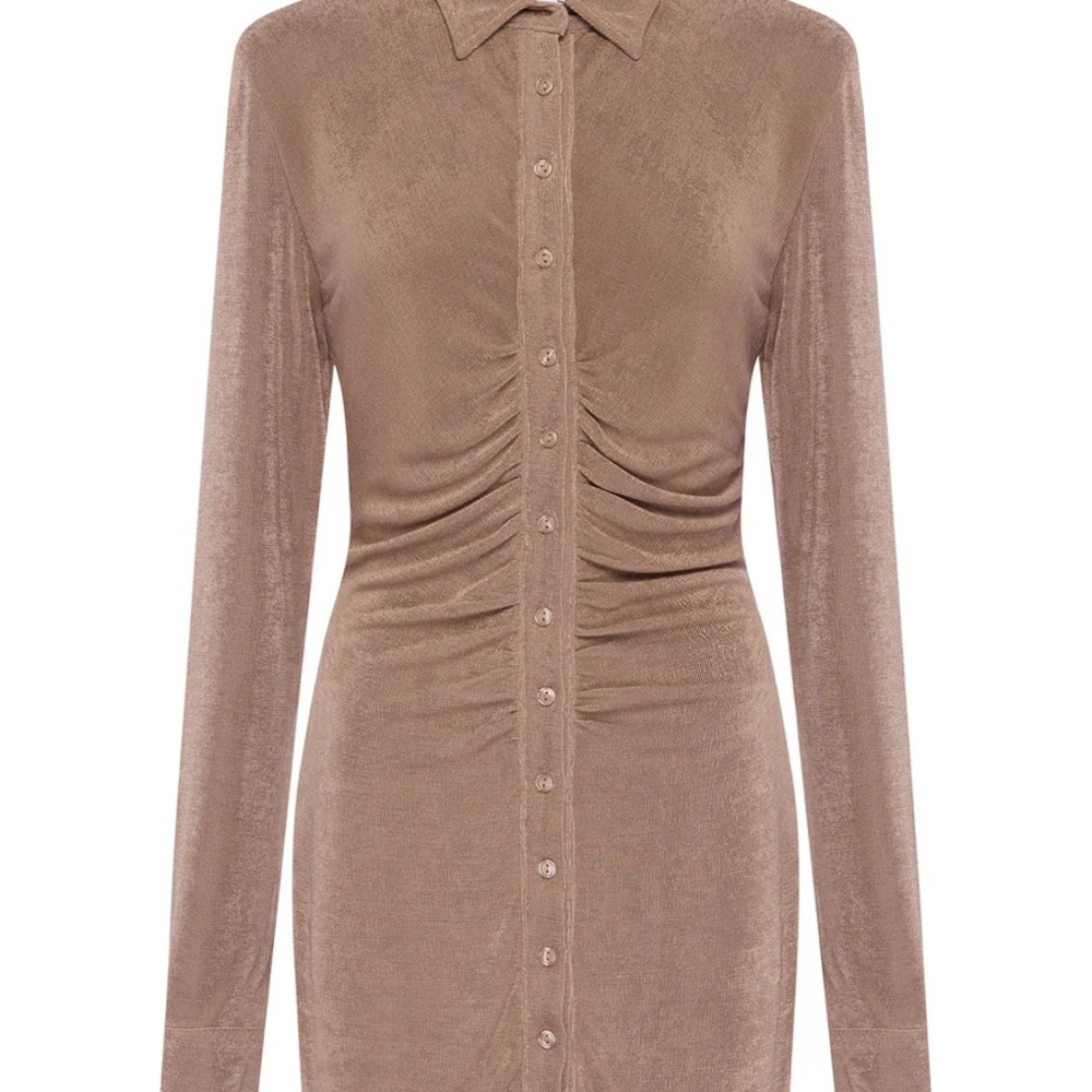 With Jéan Andy Dress in Latte. Light Brown Long Sleeve Button-Up Dress